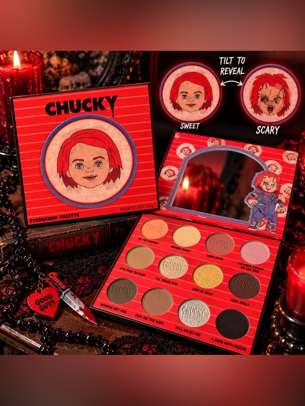 Chucky Themed Red & Gold Eyeshadow Palette - Bold Red Shades